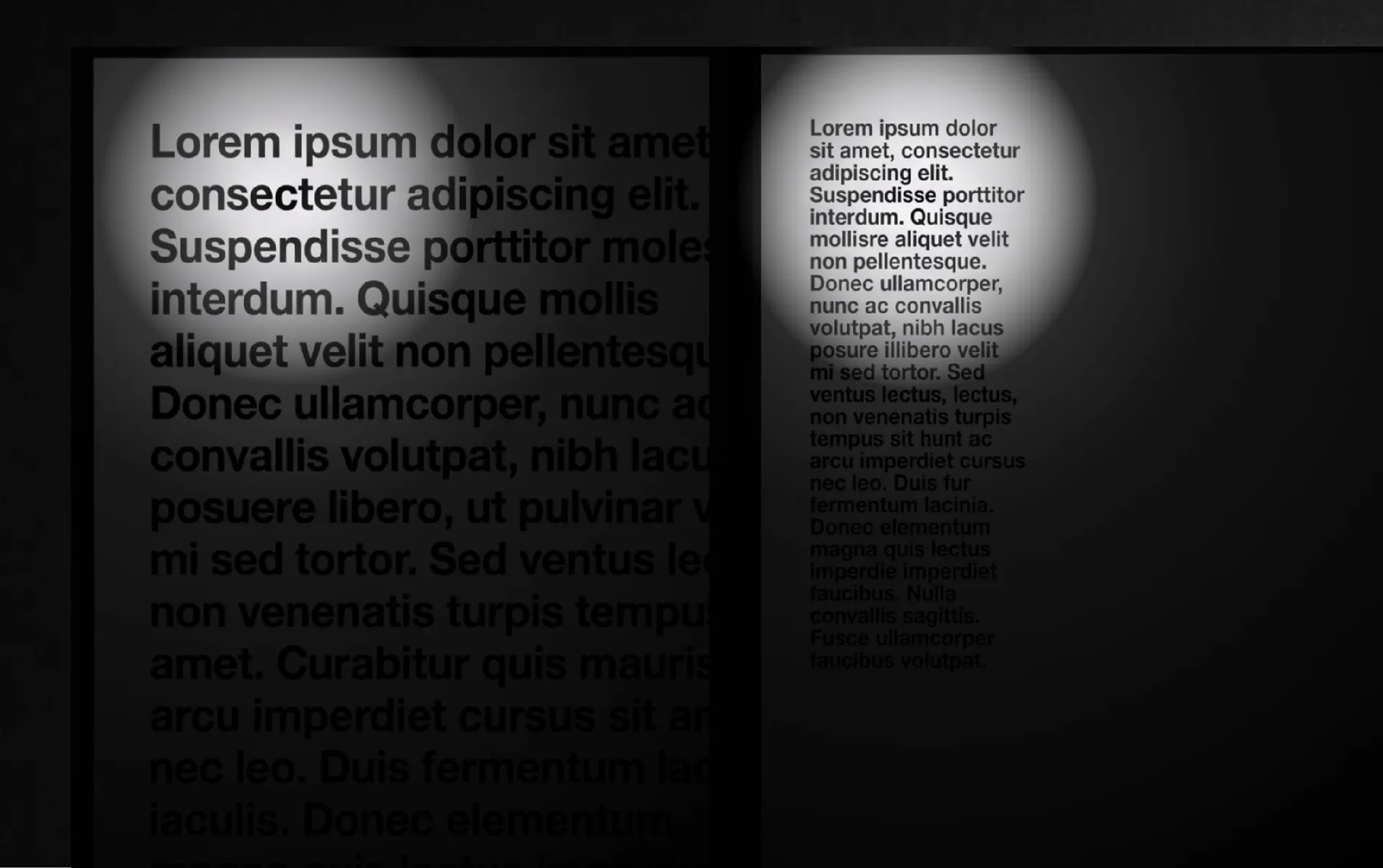 Tunnel-vision simulation: circular spotlights over large-text and small-text pages on a dark background