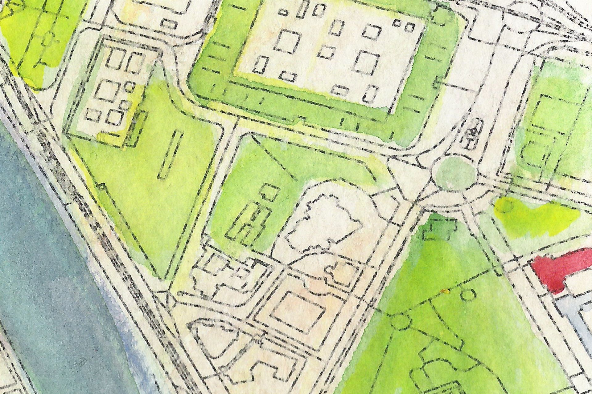 A watercolor map of a part of Spanish city of Sevilla.