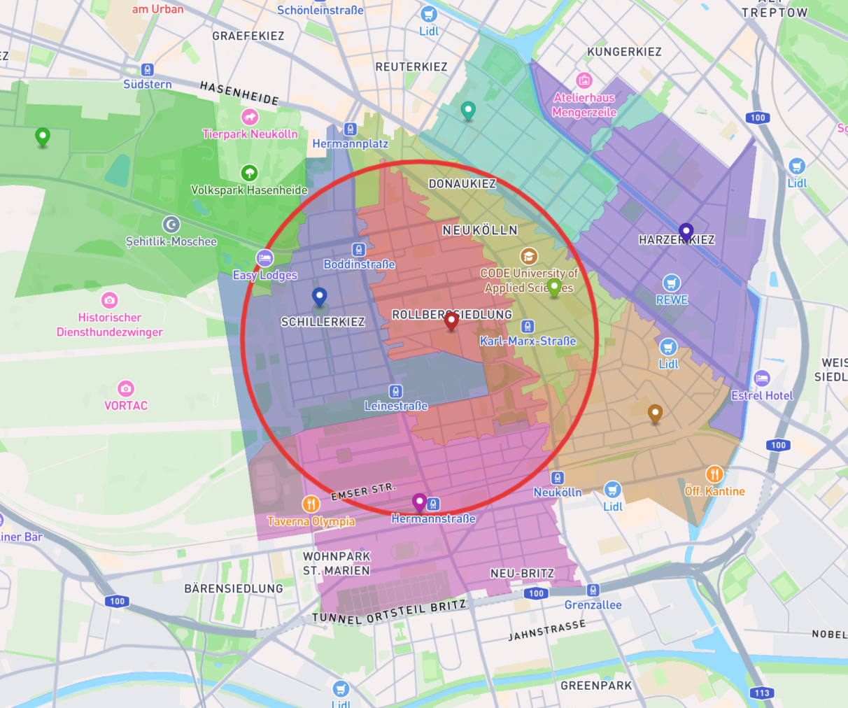 Mittelweg 50, 12053 Berlin with postal code areas in a 1000m radius