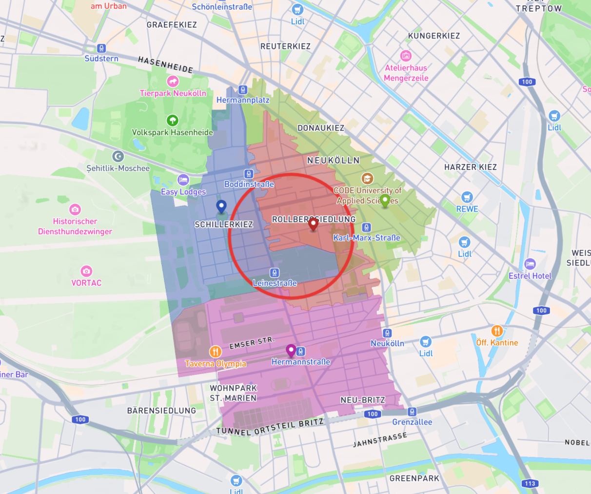 Mittelweg 50, 12053 Berlin with postal code areas in a 500m radius