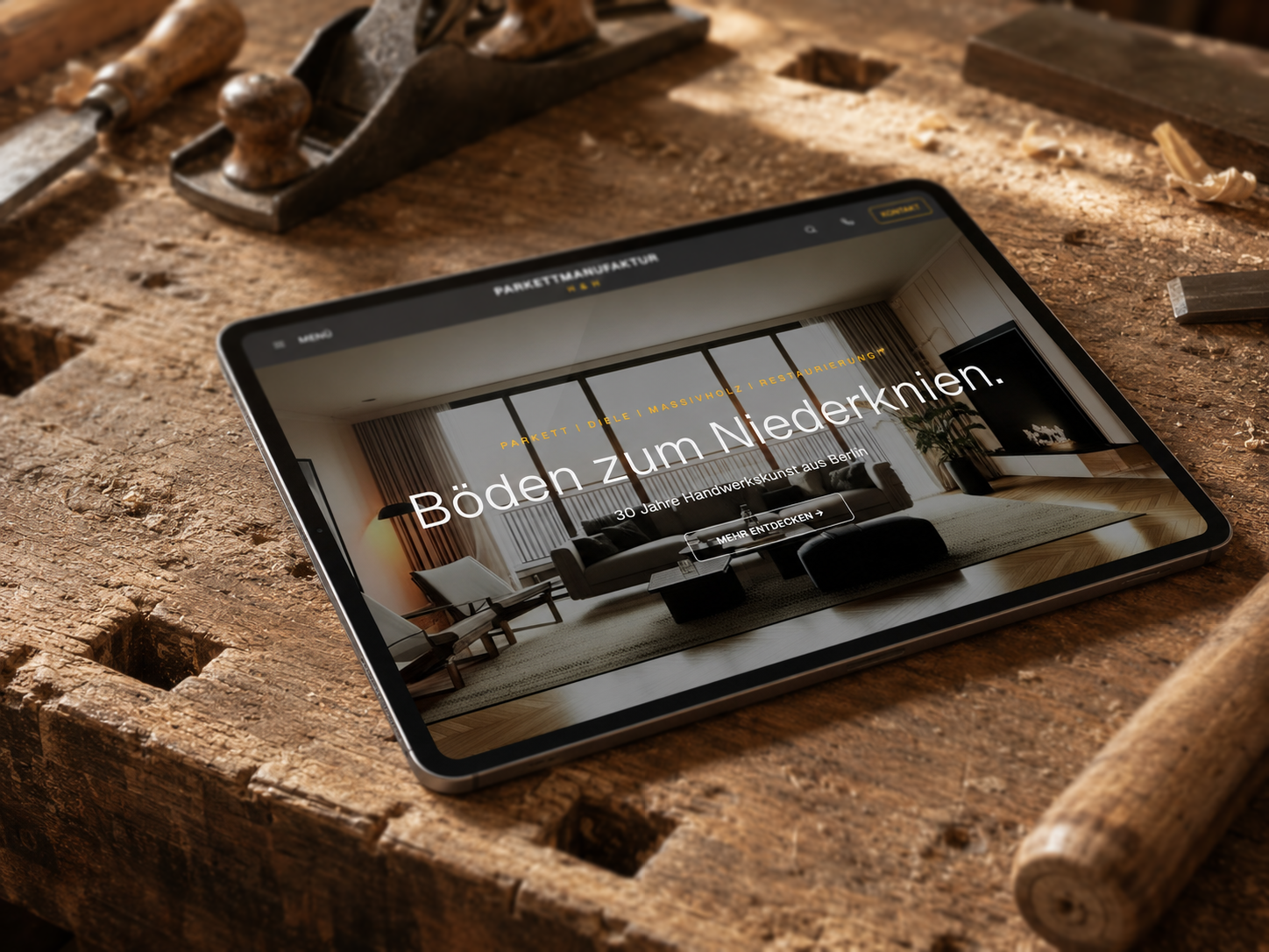 Website auf einem Tablet in der Werkstatt